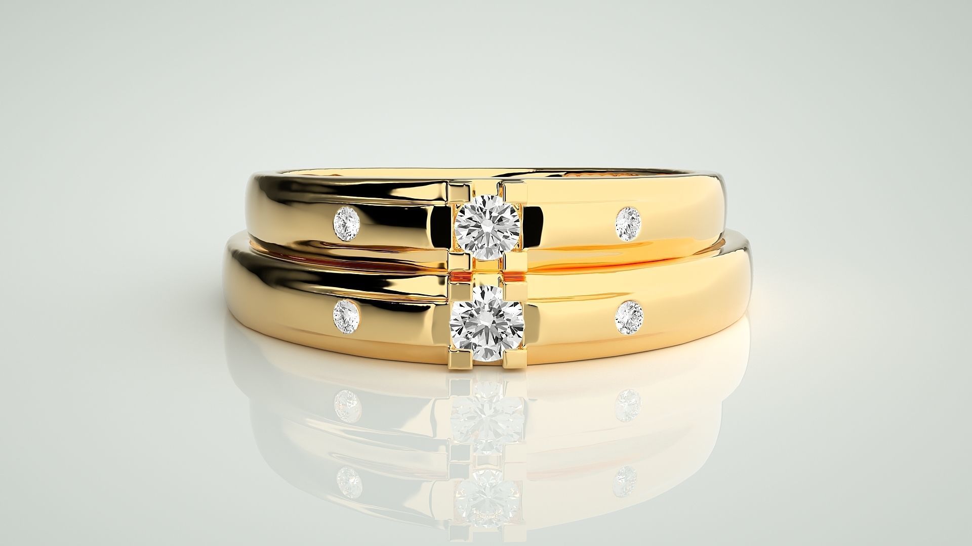 Solitaire Tri-Diamond Couple Band Ring 3dm stl render detail 3D print model_11