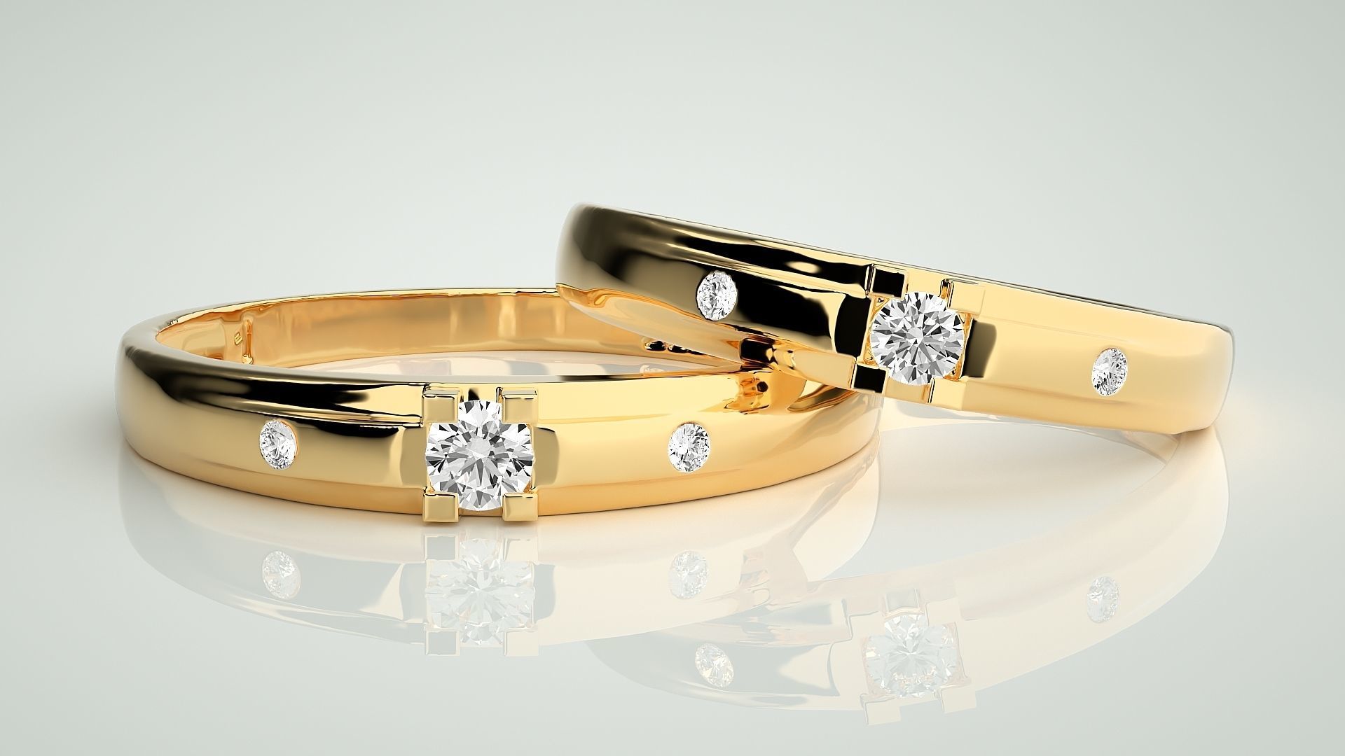 Solitaire Tri-Diamond Couple Band Ring 3dm stl render detail 3D print model_9