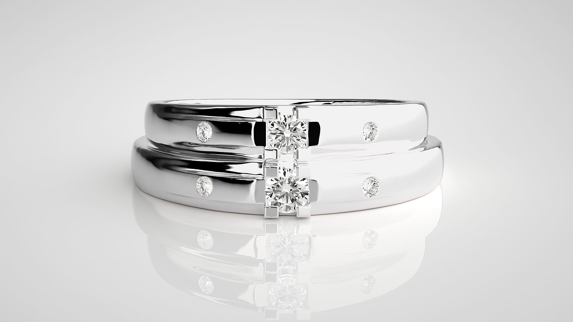 Solitaire Tri-Diamond Couple Band Ring 3dm stl render detail 3D print model_7