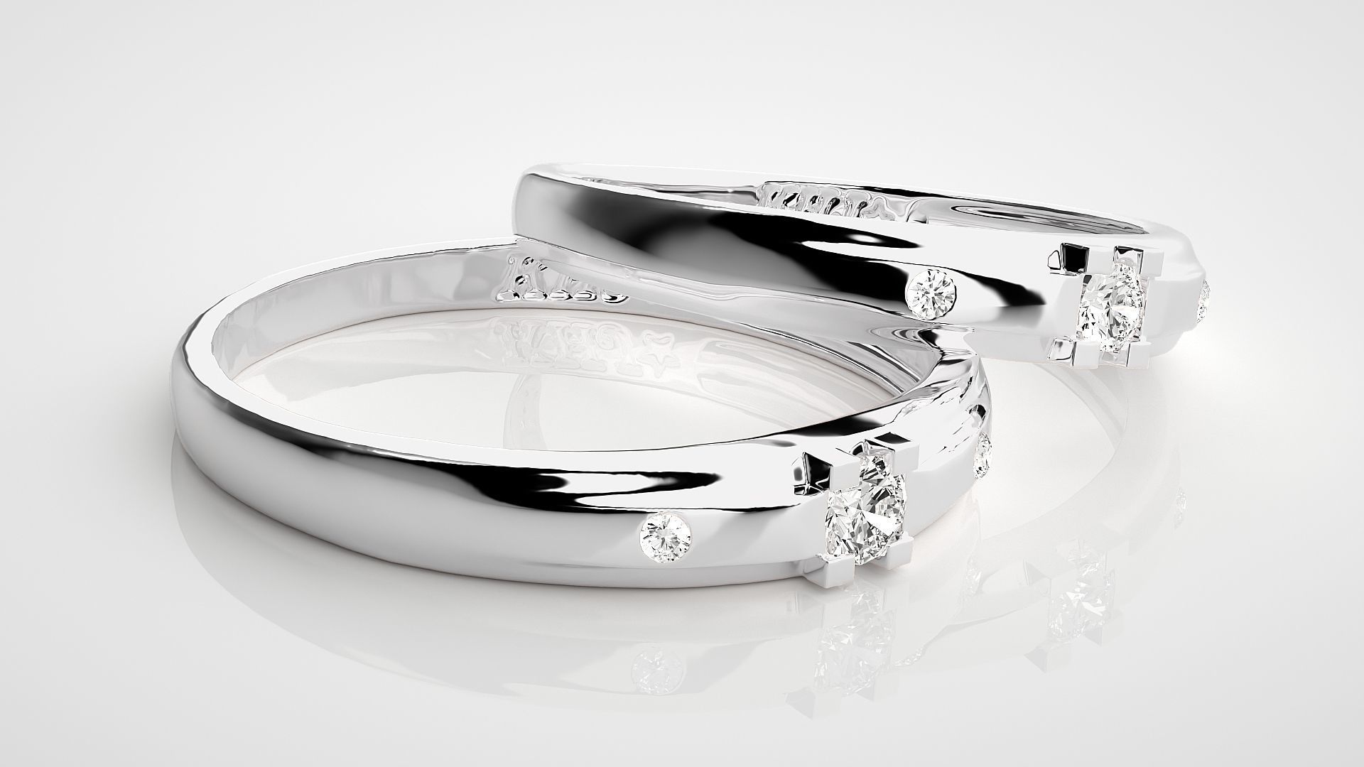 Solitaire Tri-Diamond Couple Band Ring 3dm stl render detail 3D print model_6