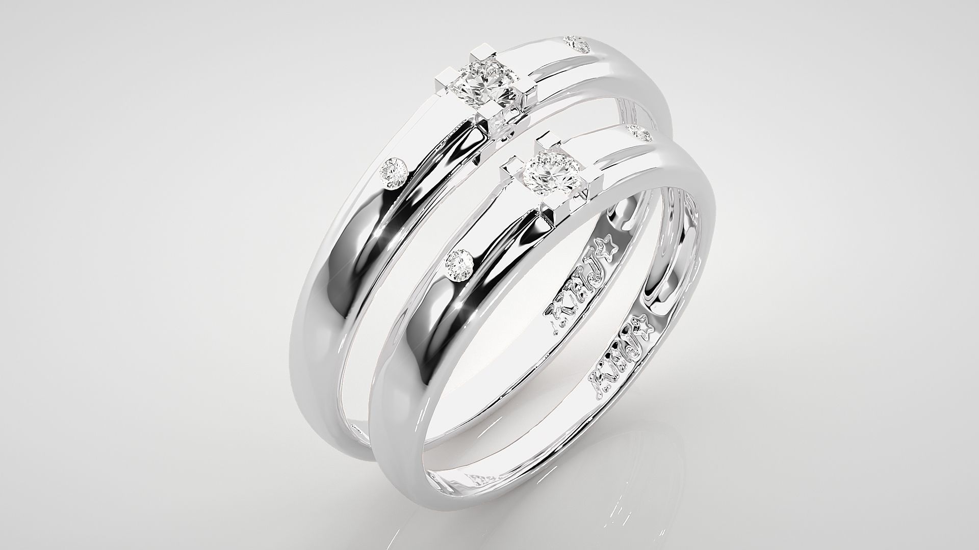 Solitaire Tri-Diamond Couple Band Ring 3dm stl render detail 3D print model_8