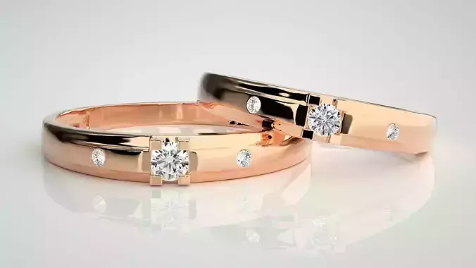 Solitaire Tri-Diamond Couple Band Ring 3dm stl render detail 3D print model