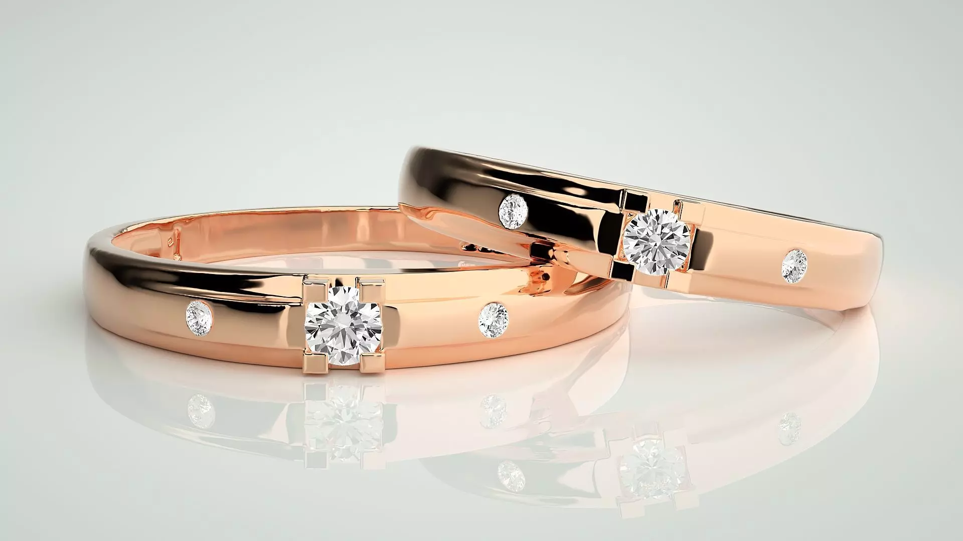 Solitaire Tri-Diamond Couple Band Ring 3dm stl render detail 3D print model_0