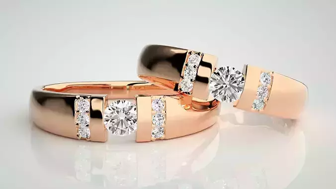Solitaire Couple Band Ring 3dm stl render detail