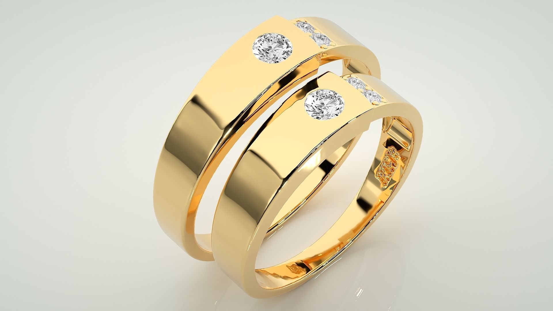 Solitaire Tri-Diamond Couple Band Ring 3dm stl render detail 3D print model_12