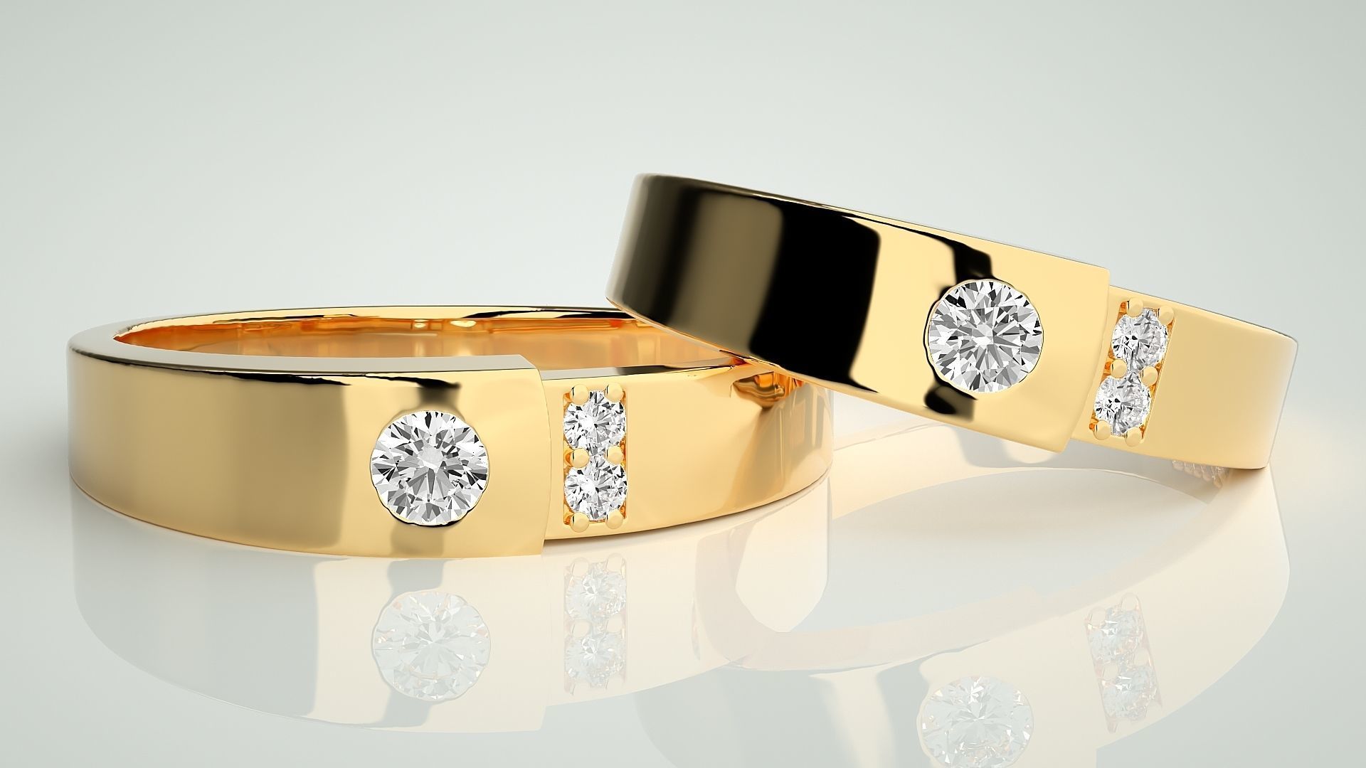 Solitaire Tri-Diamond Couple Band Ring 3dm stl render detail 3D print model_9