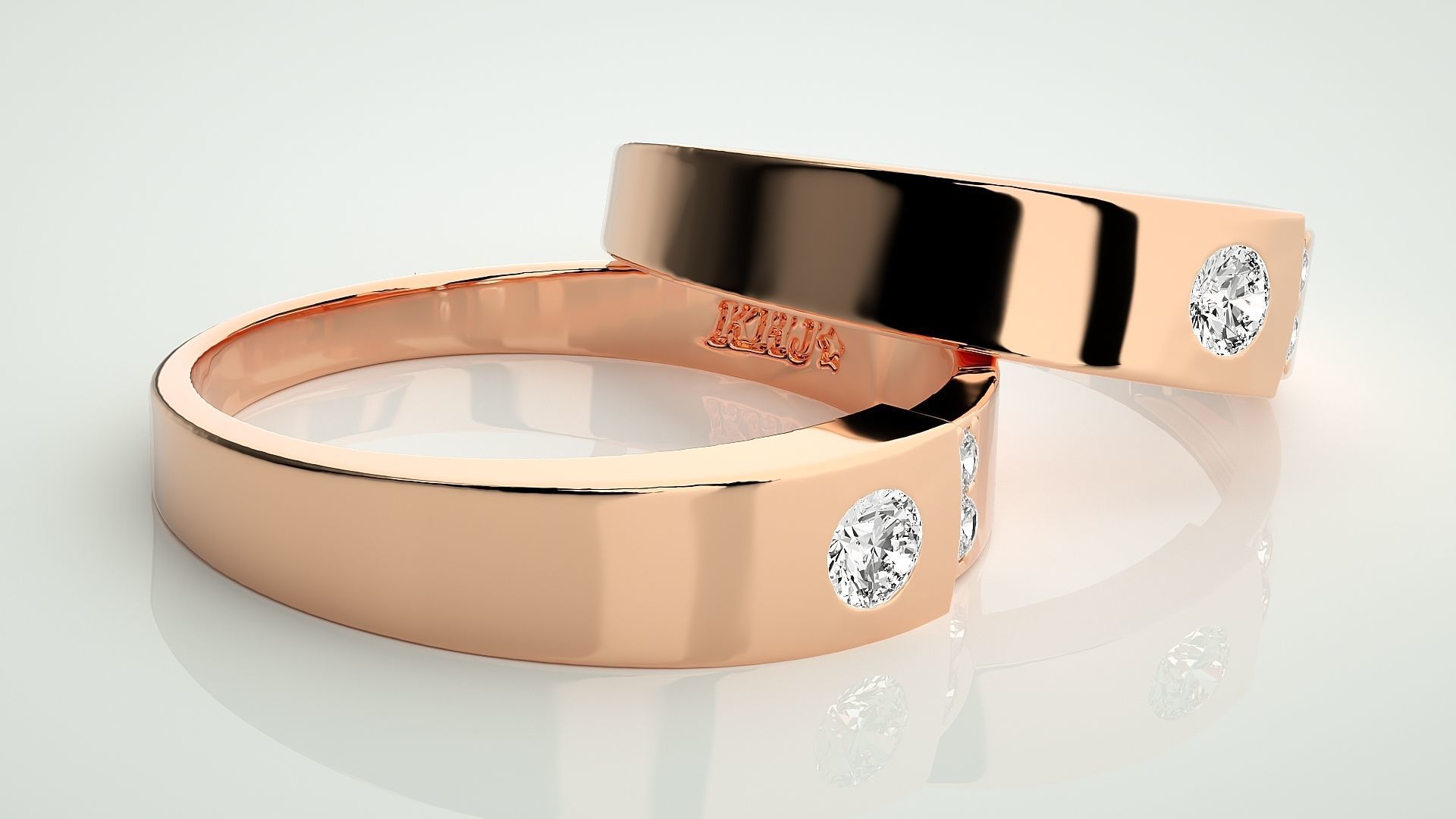 Solitaire Tri-Diamond Couple Band Ring 3dm stl render detail 3D print model_1