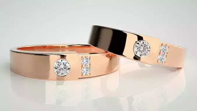 Solitaire Tri-Diamond Couple Band Ring 3dm stl render detail 3D print model