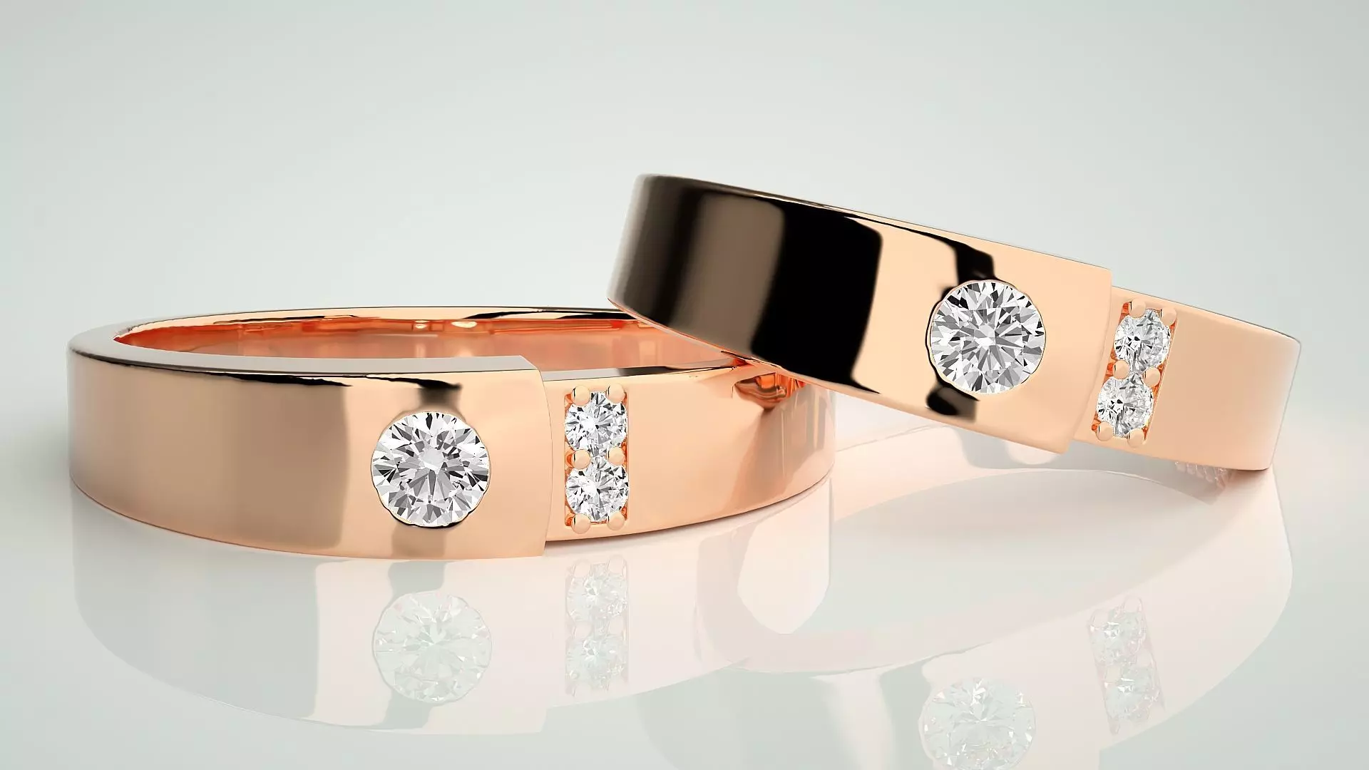Solitaire Tri-Diamond Couple Band Ring 3dm stl render detail 3D print model_0