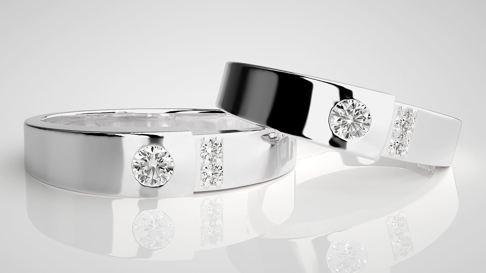 Solitaire Tri-Diamond Couple Band Ring 3dm stl render detail 3D print model_4