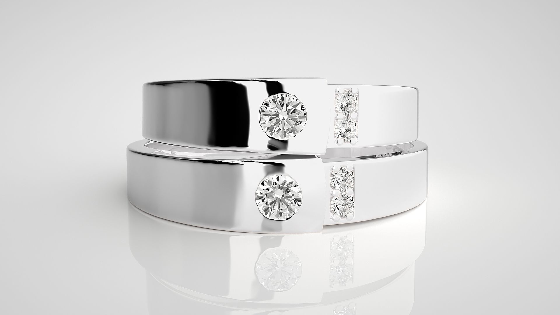 Solitaire Tri-Diamond Couple Band Ring 3dm stl render detail 3D print model_7