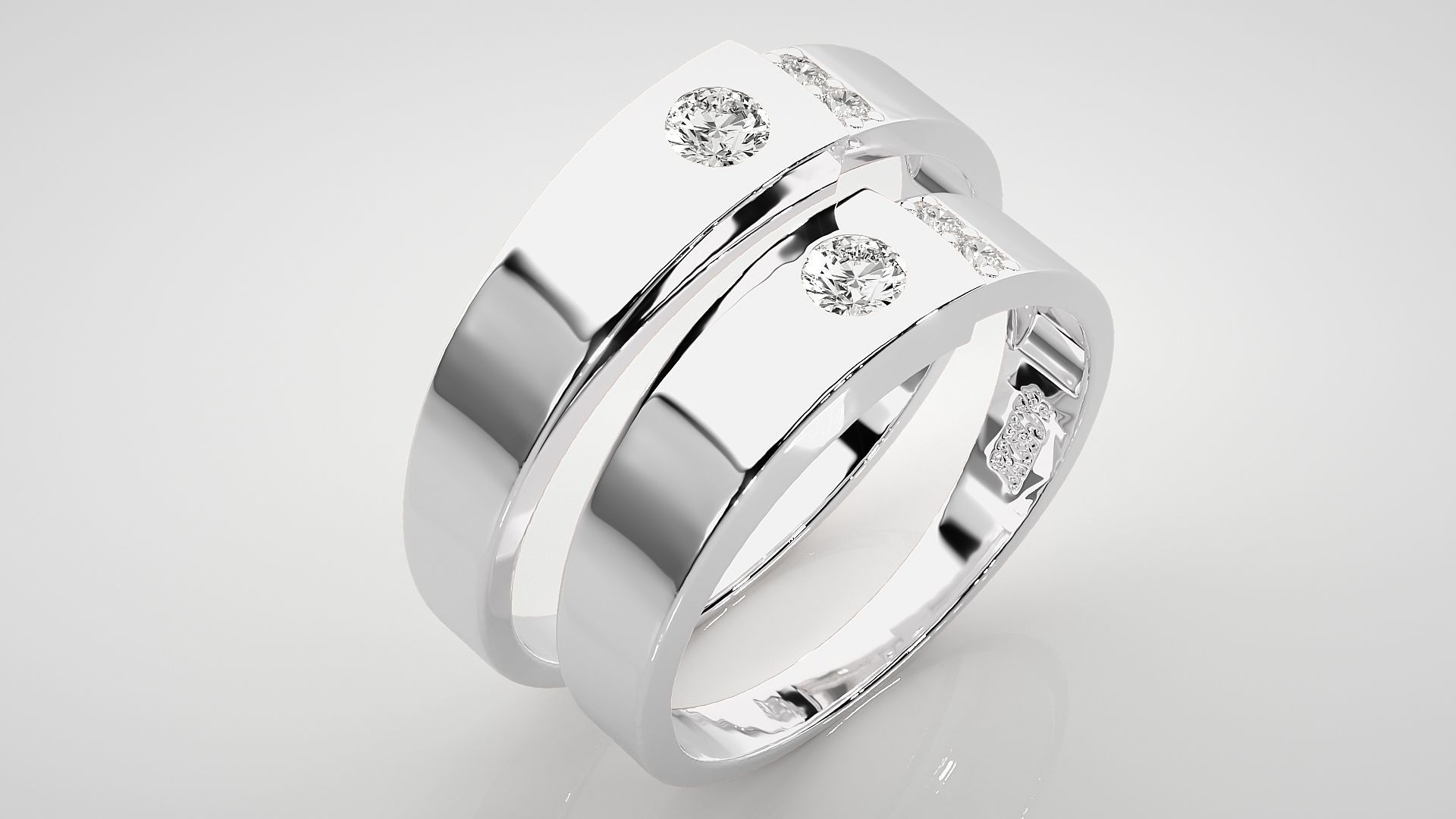 Solitaire Tri-Diamond Couple Band Ring 3dm stl render detail 3D print model_8