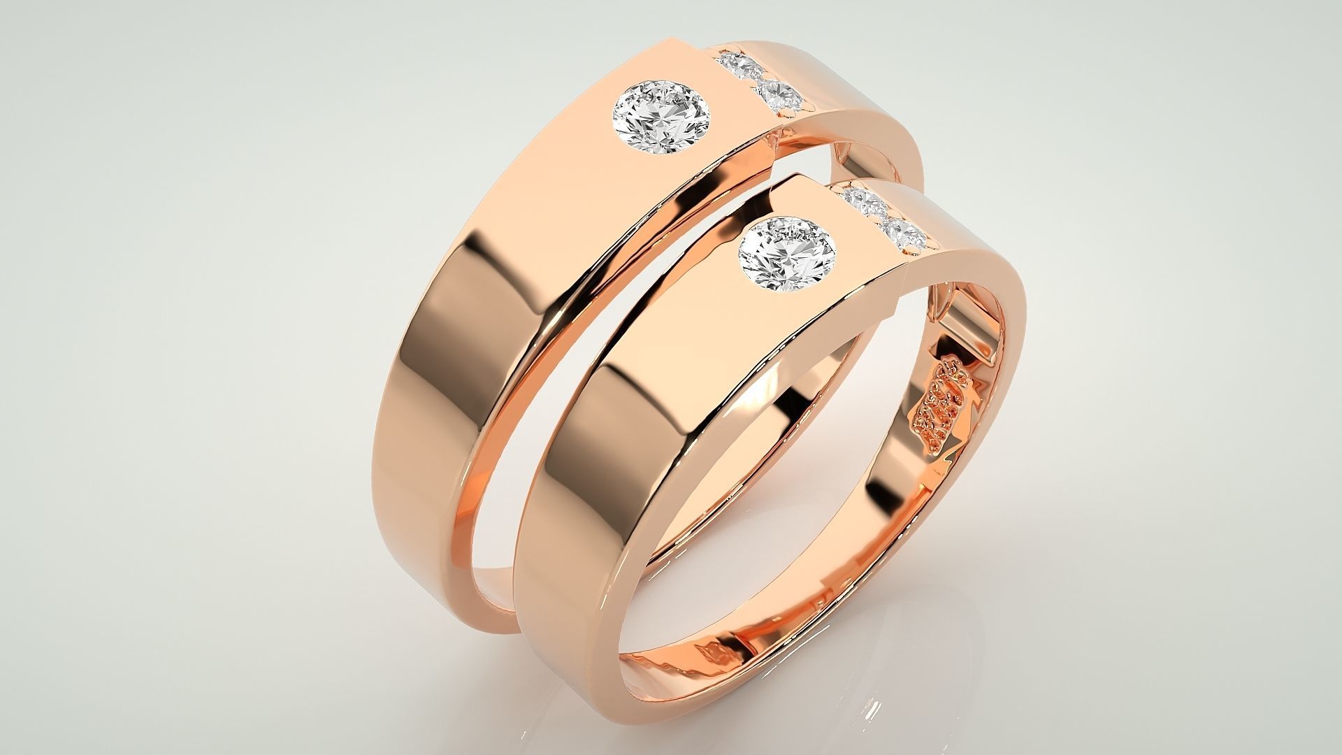Solitaire Tri-Diamond Couple Band Ring 3dm stl render detail 3D print model_3