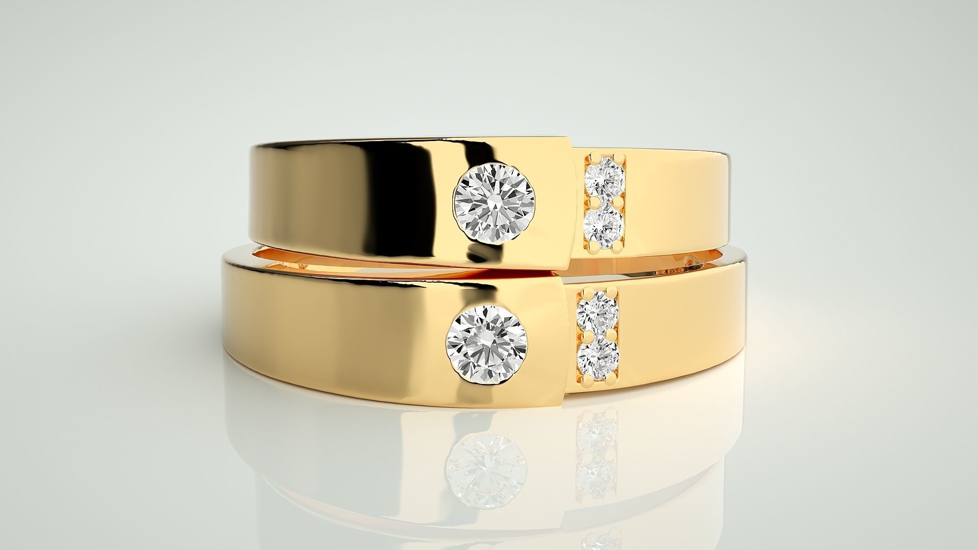 Solitaire Tri-Diamond Couple Band Ring 3dm stl render detail 3D print model_11