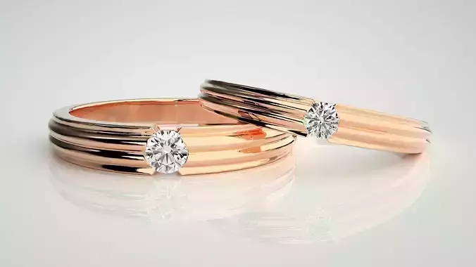 Solitaire Couple Band Ring 3dm stl render detail