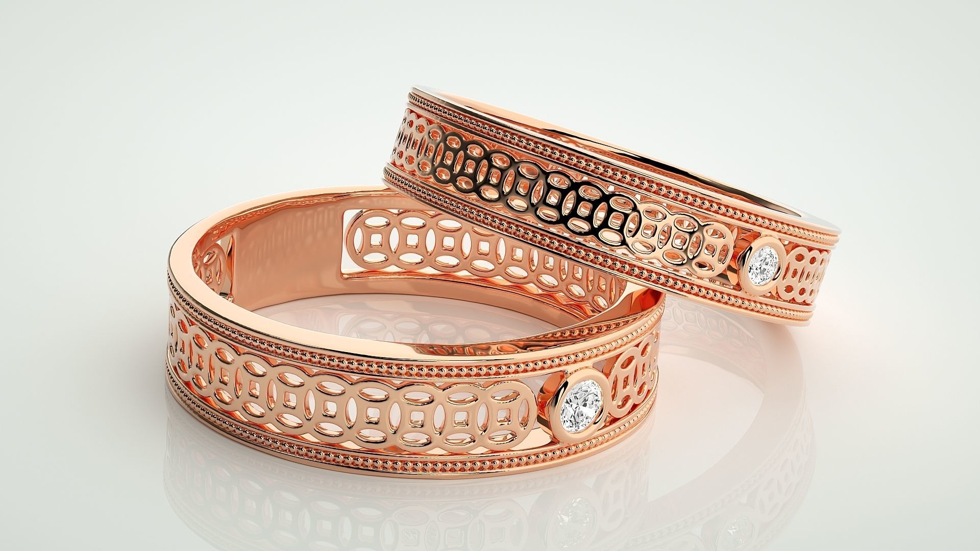 Plain Gold Mesh Couple Band Ring 3dm stl render detail 3D print model_1