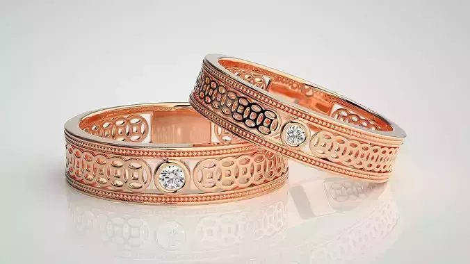 Plain Gold Mesh Couple Band Ring 3dm stl render detail 3D print model