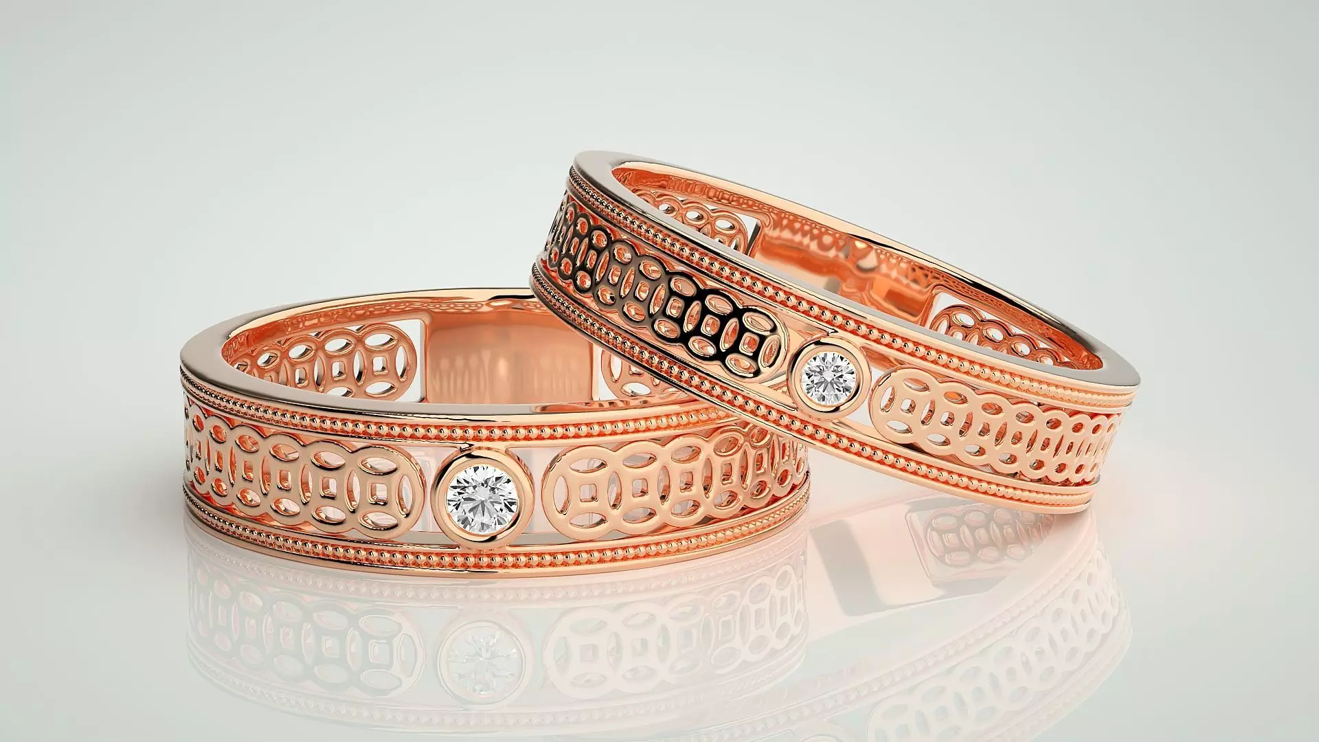 Plain Gold Mesh Couple Band Ring 3dm stl render detail 3D print model_0