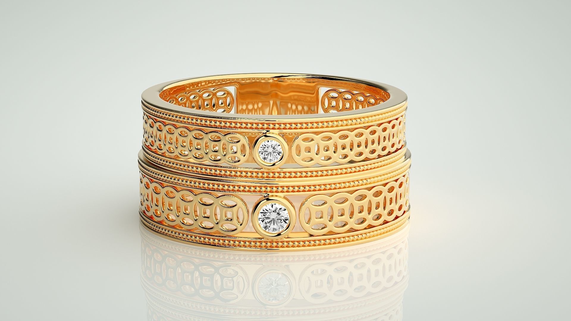 Plain Gold Mesh Couple Band Ring 3dm stl render detail 3D print model_10