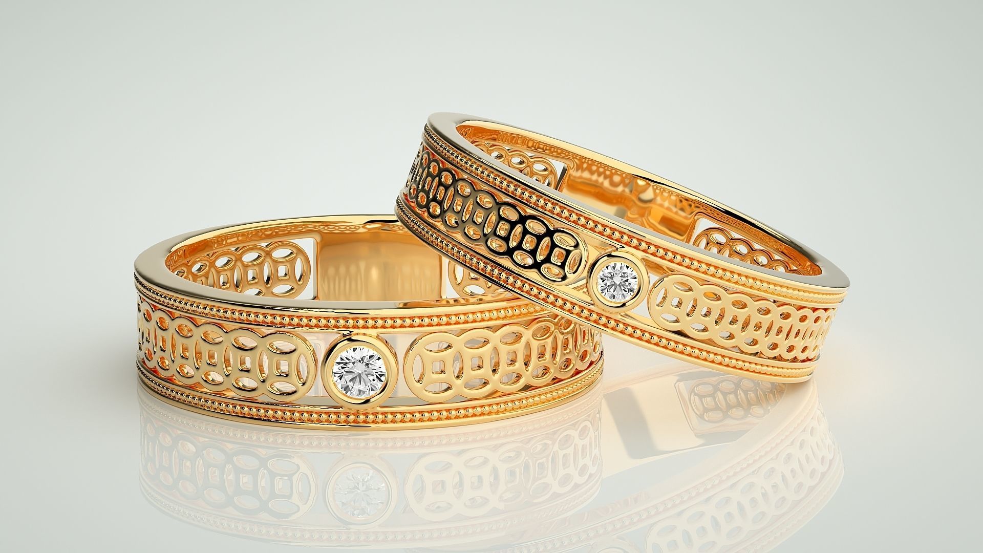 Plain Gold Mesh Couple Band Ring 3dm stl render detail 3D print model_8