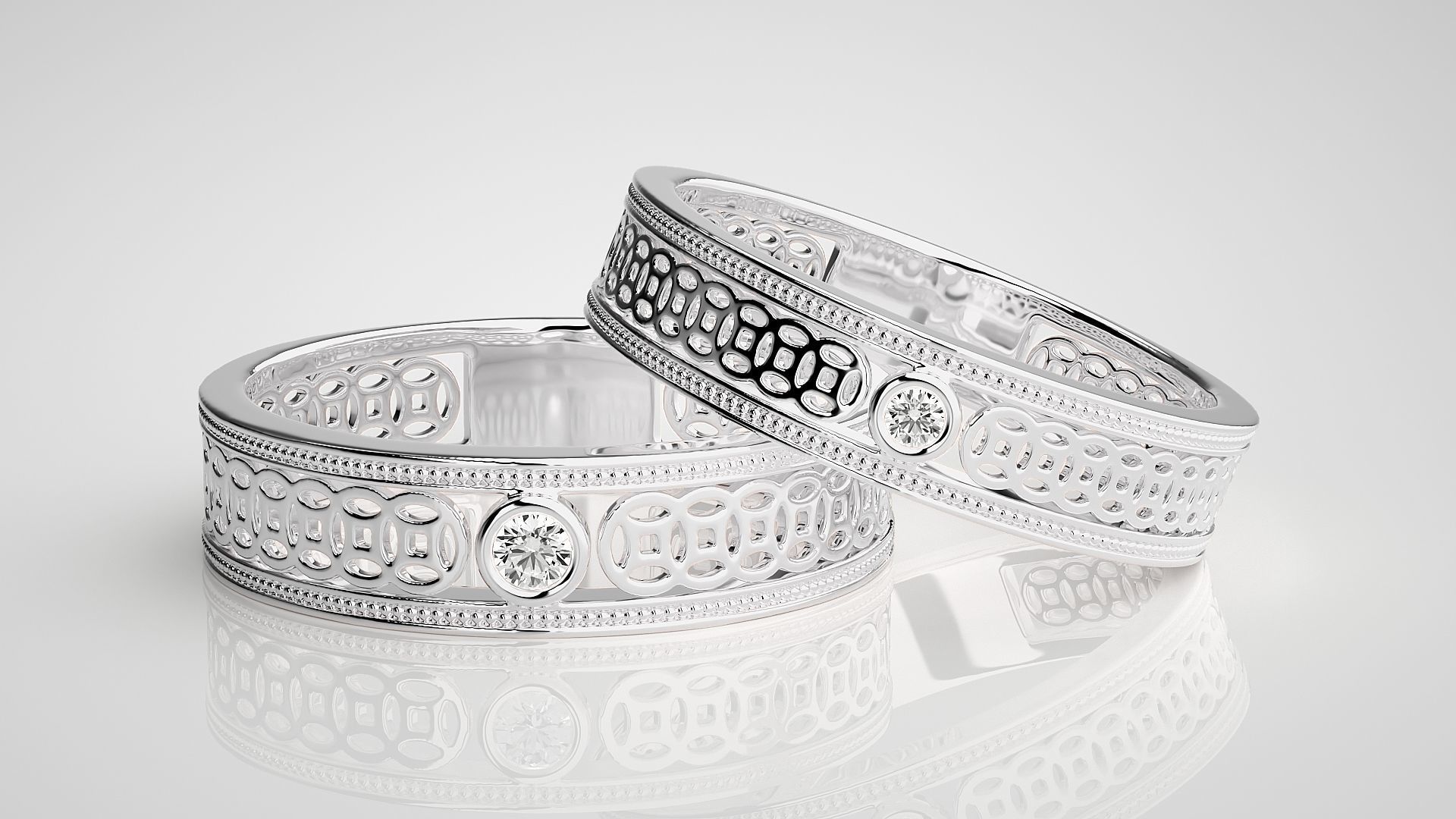 Plain Gold Mesh Couple Band Ring 3dm stl render detail 3D print model_4
