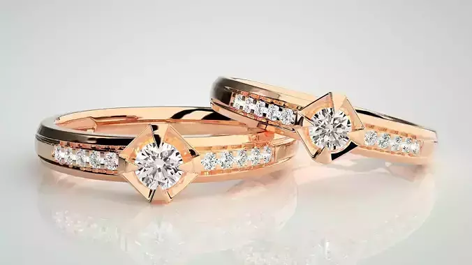 Solitaire Couple Band Ring 3dm stl render detail