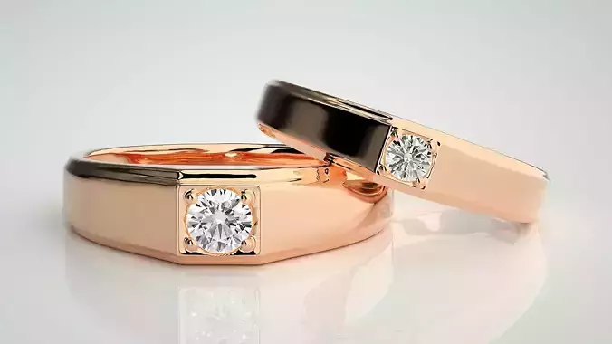 Solitaire Couple Band Ring 3dm stl render detail