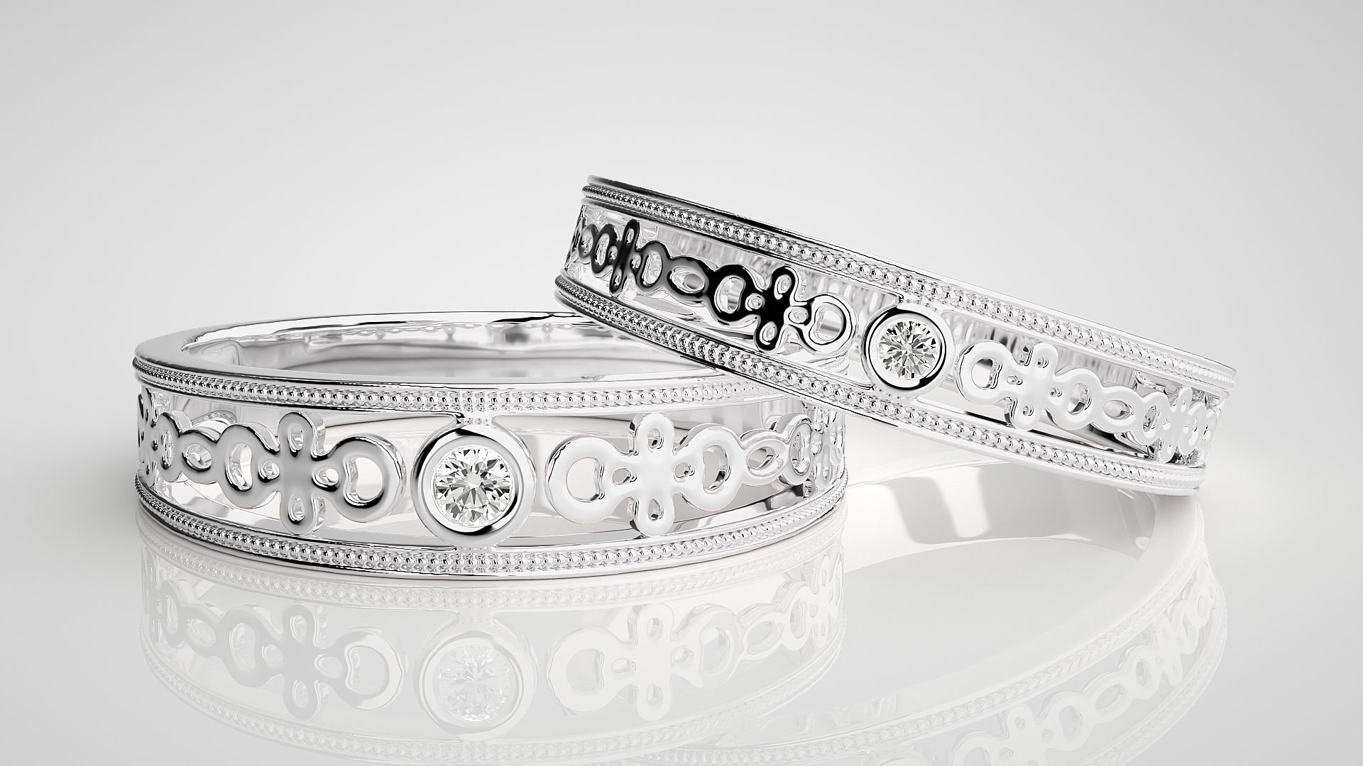 Solitaire Mesh Couple Band Ring 3dm stl render detail 3D print model_4