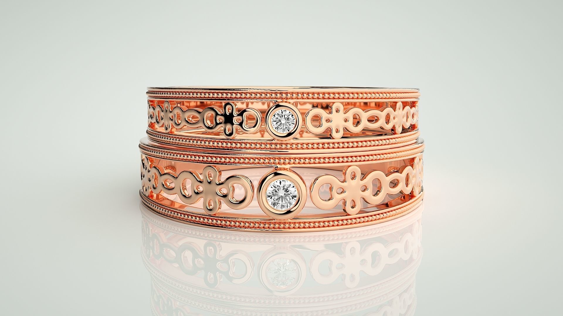 Solitaire Mesh Couple Band Ring 3dm stl render detail 3D print model_2