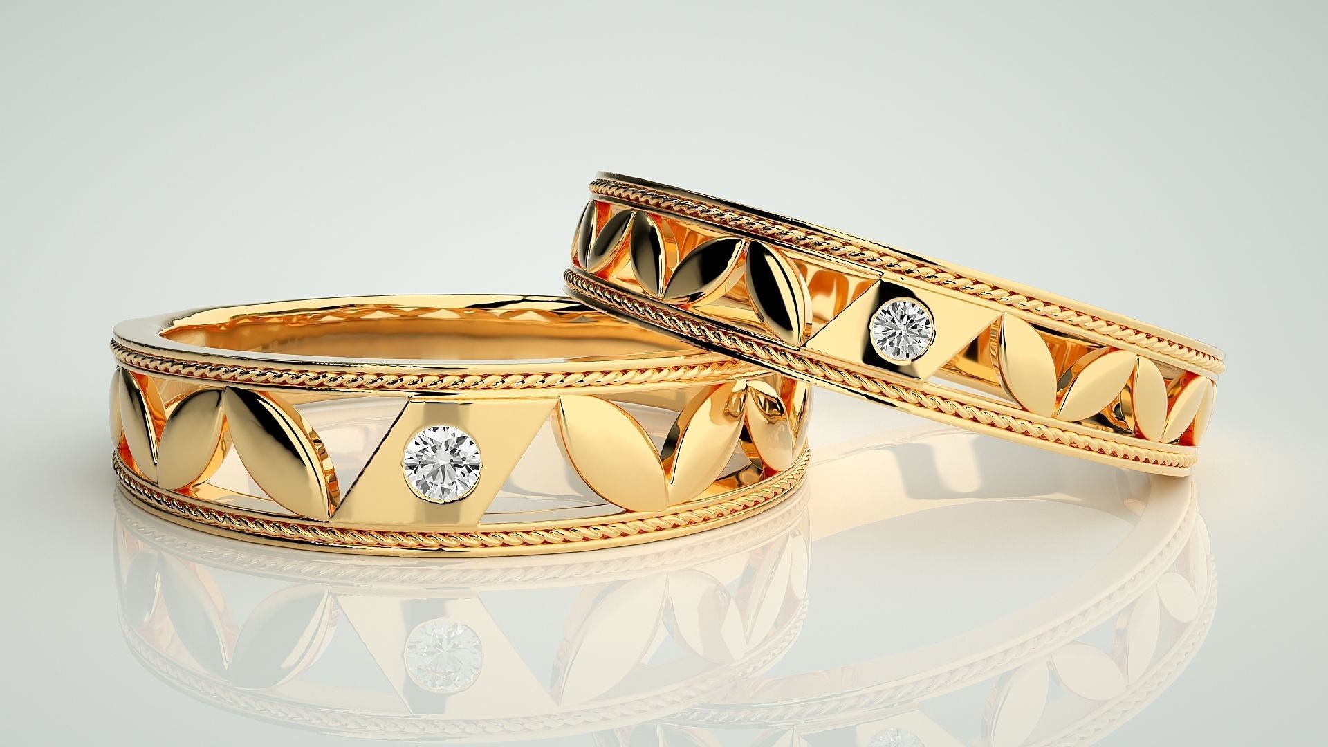 Solitaire Leaf Couple Band Ring 3dm stl render detail 3D print model_8