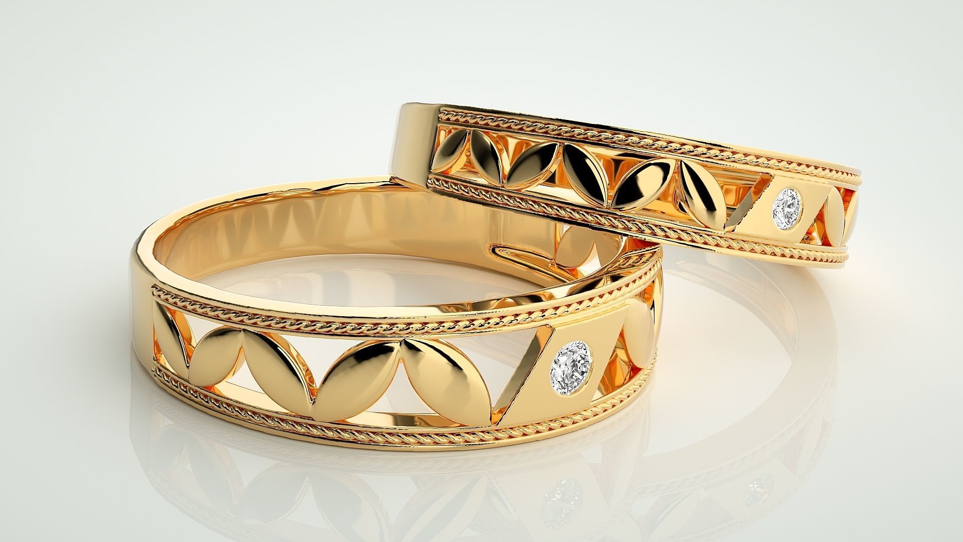 Solitaire Leaf Couple Band Ring 3dm stl render detail 3D print model_9