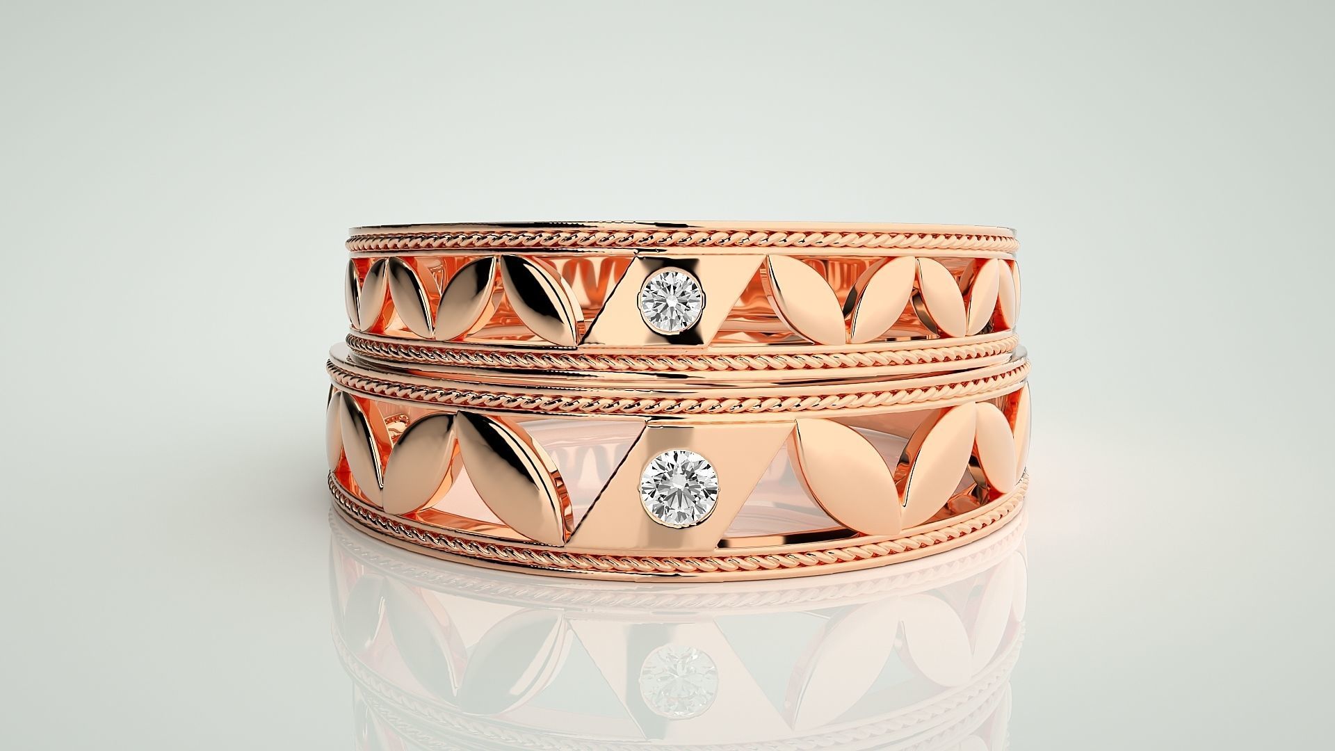 Solitaire Leaf Couple Band Ring 3dm stl render detail 3D print model_2