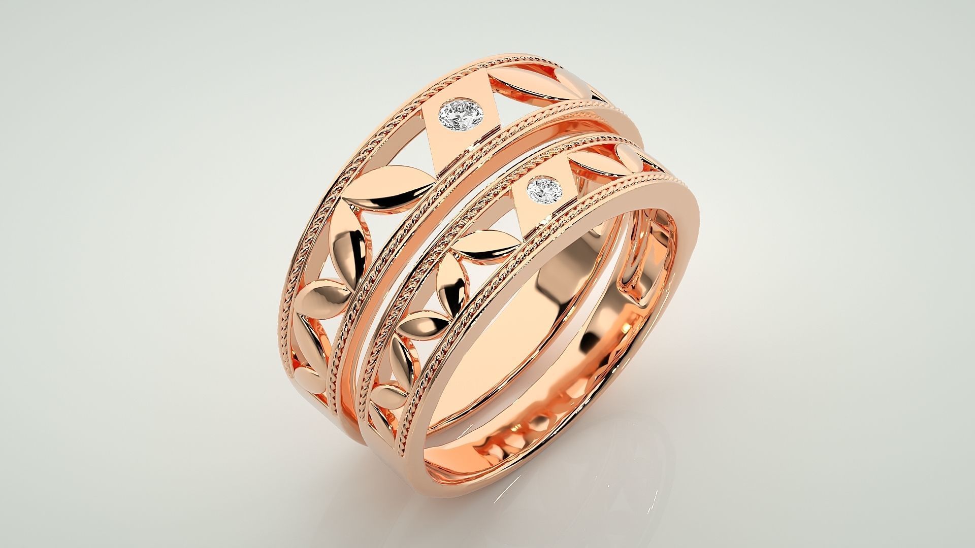 Solitaire Leaf Couple Band Ring 3dm stl render detail 3D print model_3