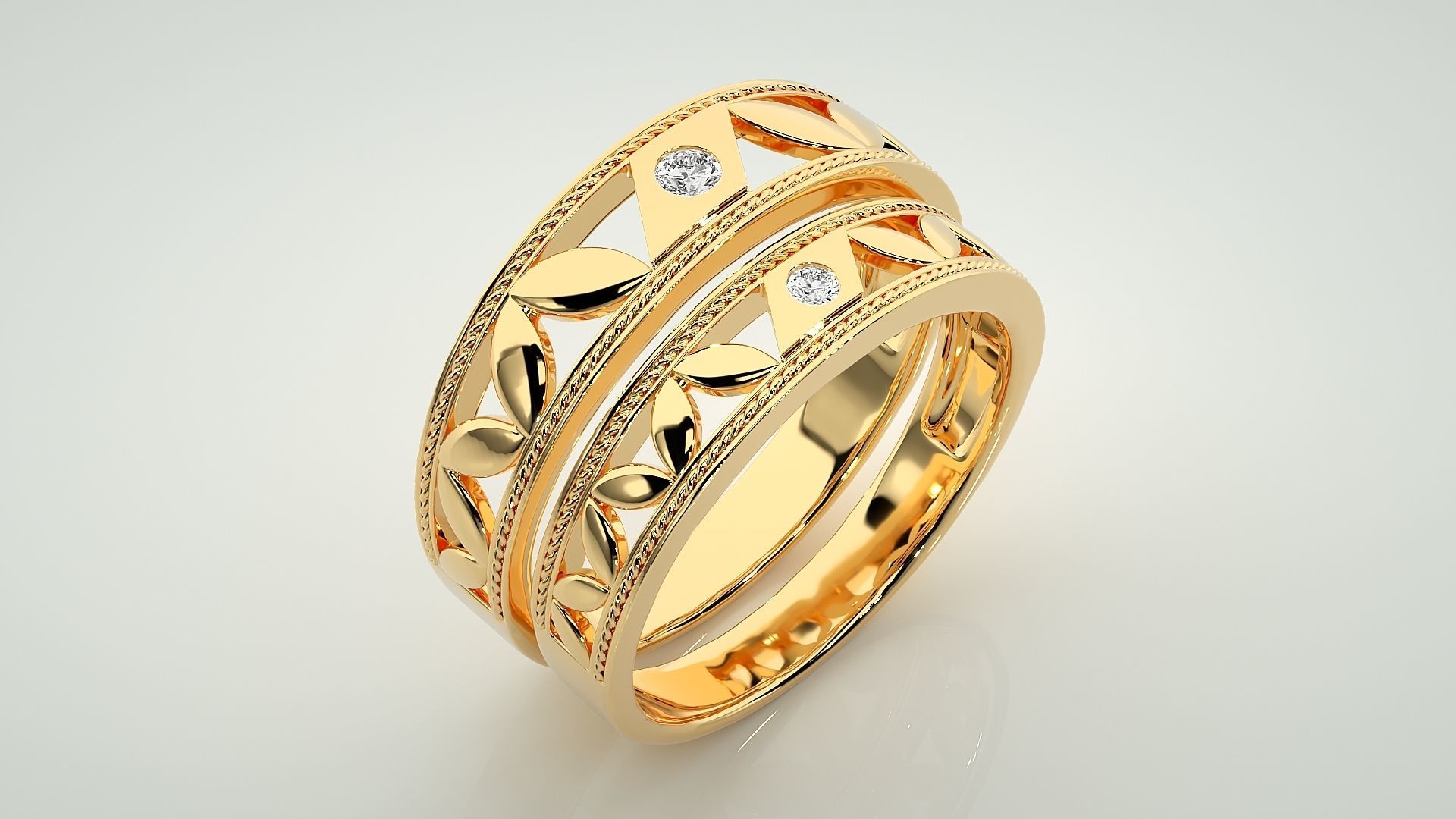 Solitaire Leaf Couple Band Ring 3dm stl render detail 3D print model_11