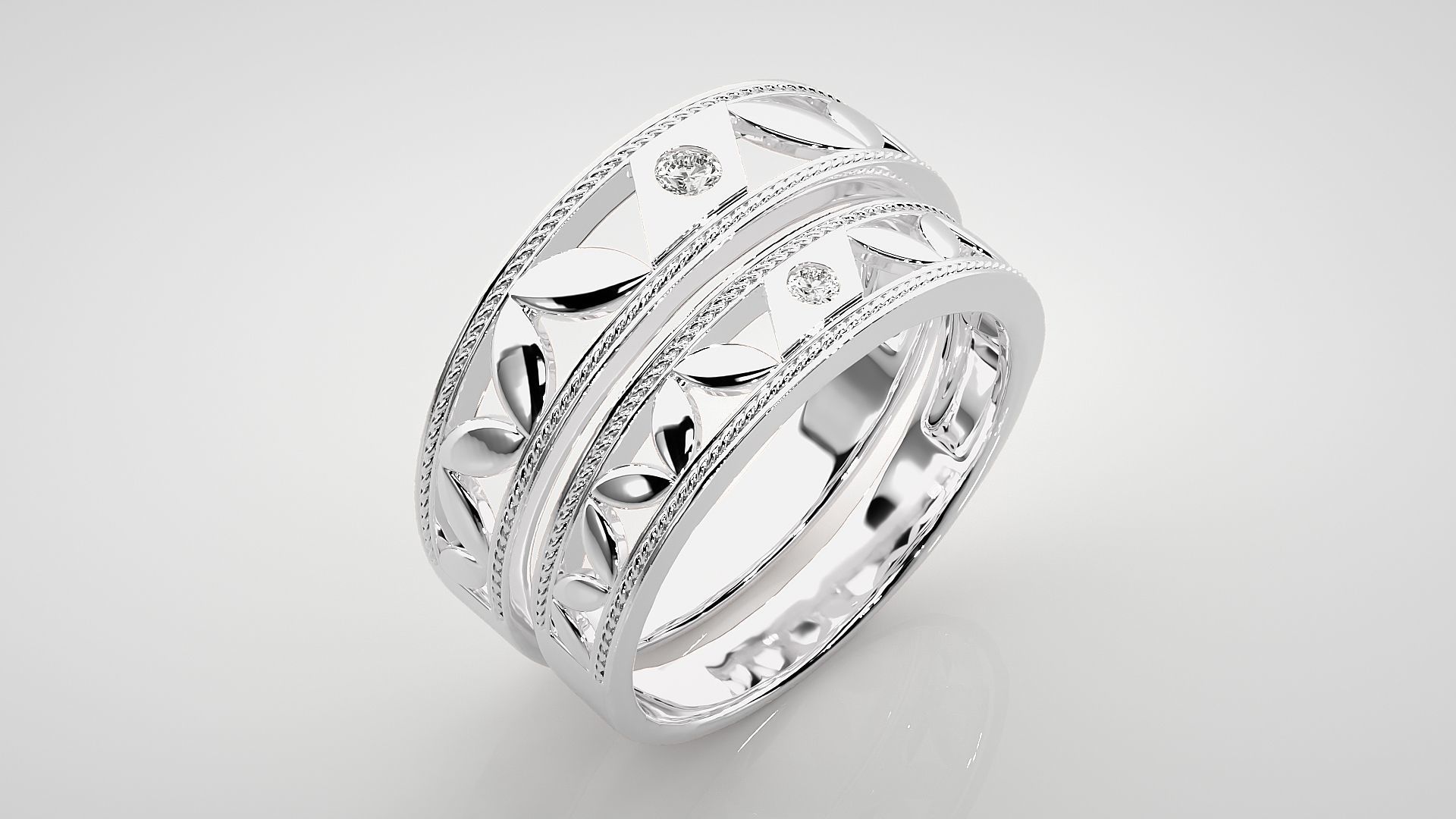 Solitaire Leaf Couple Band Ring 3dm stl render detail 3D print model_7