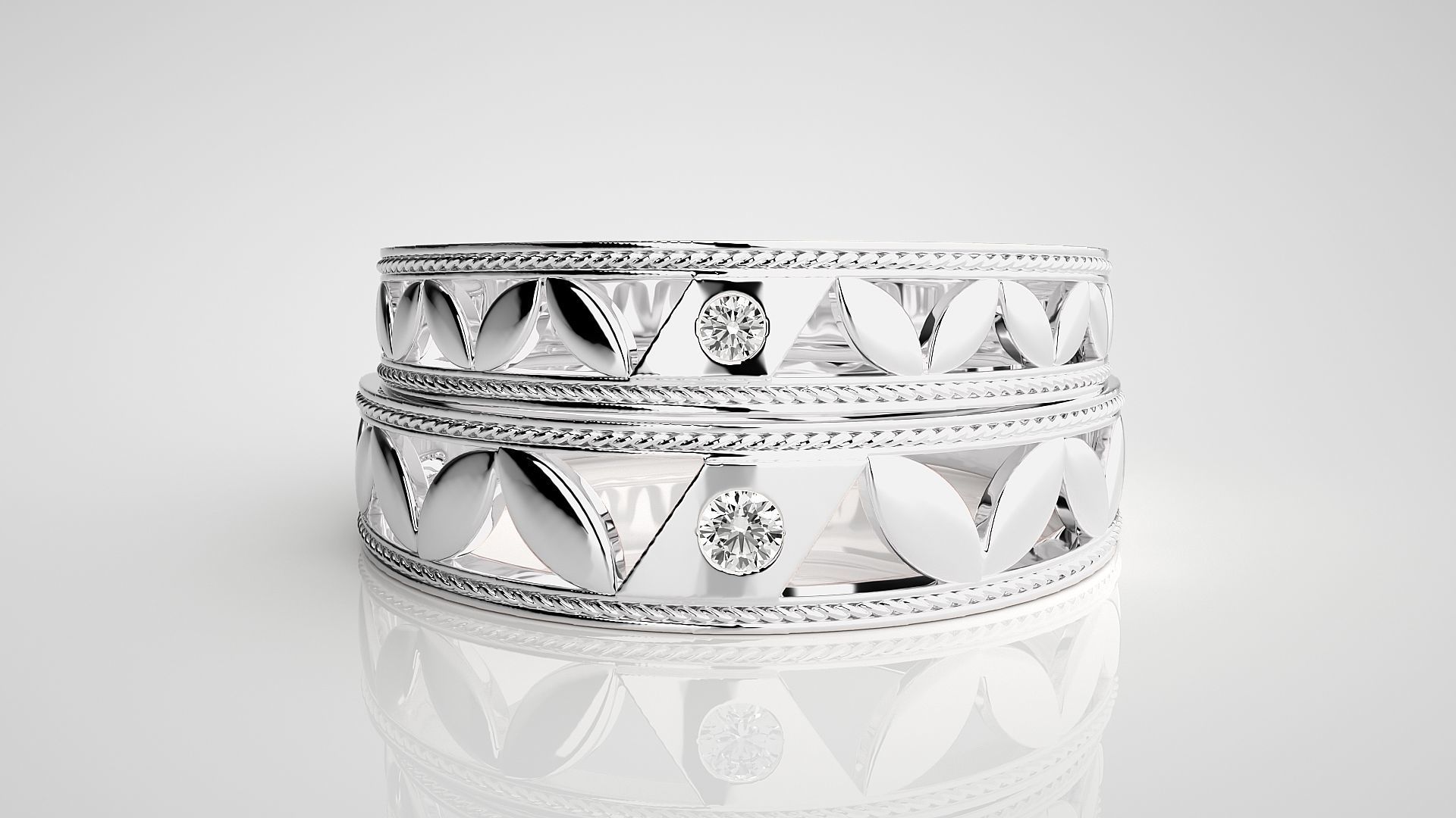 Solitaire Leaf Couple Band Ring 3dm stl render detail 3D print model_6