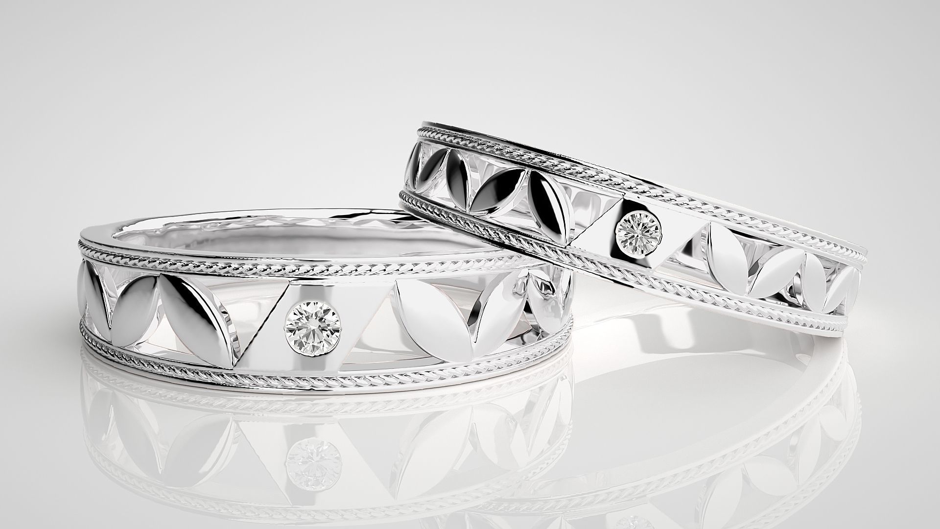 Solitaire Leaf Couple Band Ring 3dm stl render detail 3D print model_4