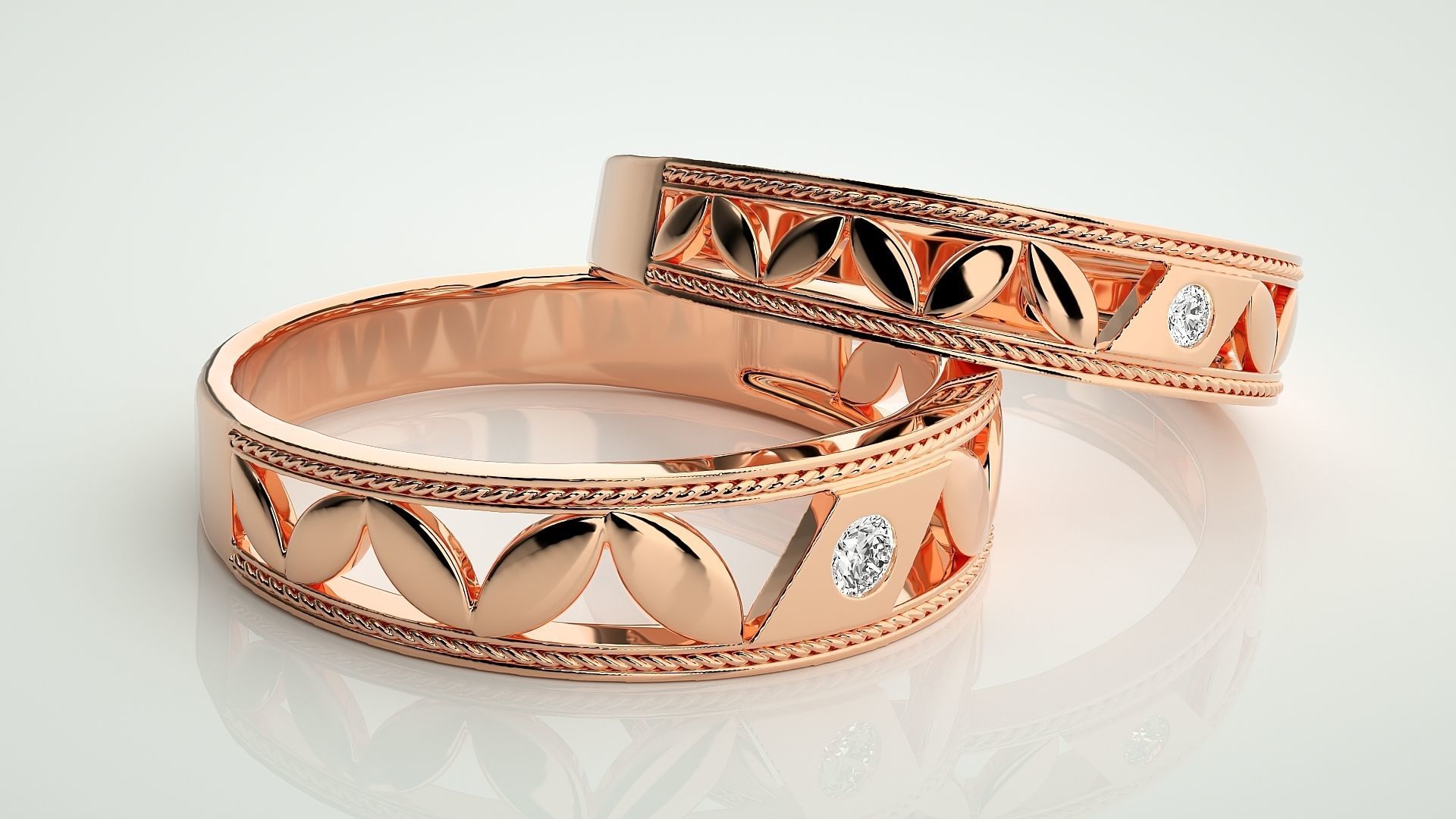 Solitaire Leaf Couple Band Ring 3dm stl render detail 3D print model_1