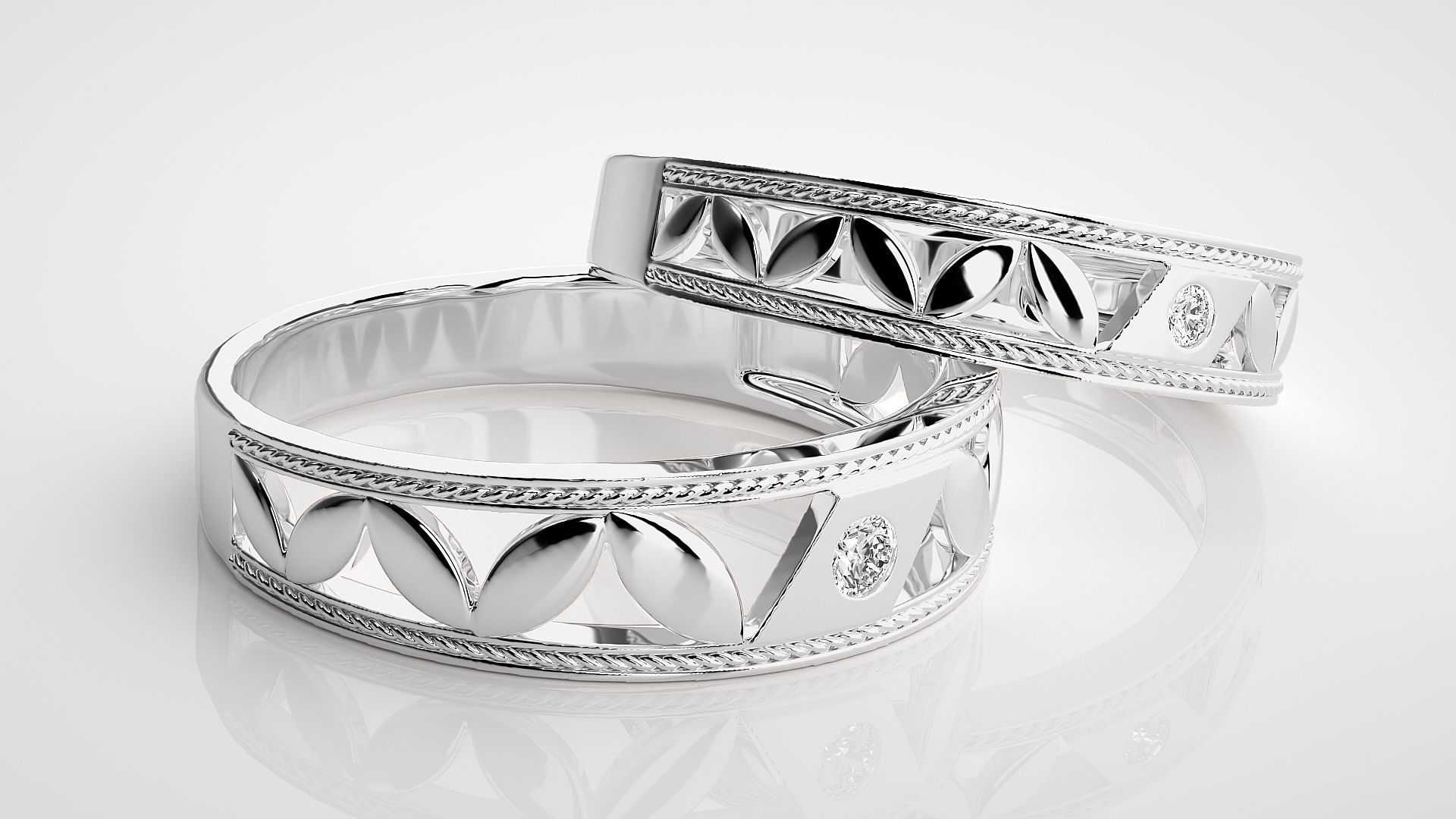 Solitaire Leaf Couple Band Ring 3dm stl render detail 3D print model_5
