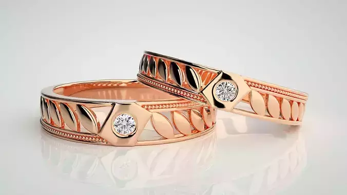 Solitaire Leaf Couple Band Ring 3dm stl render detail