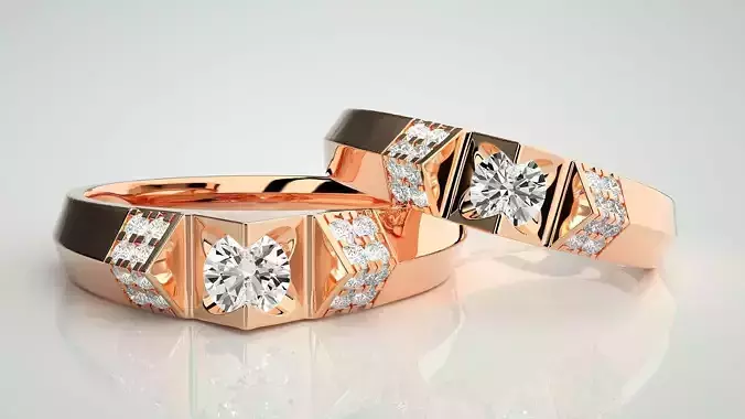 Solitaire Couple Band Ring 3dm stl render detail