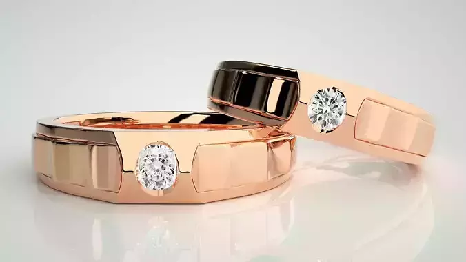 Solitaire Couple Band Ring 3dm stl render detail