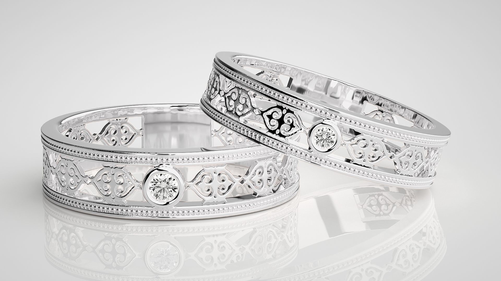 Solitaire Mesh Couple Band Ring 3dm stl render detail 3D print model_4