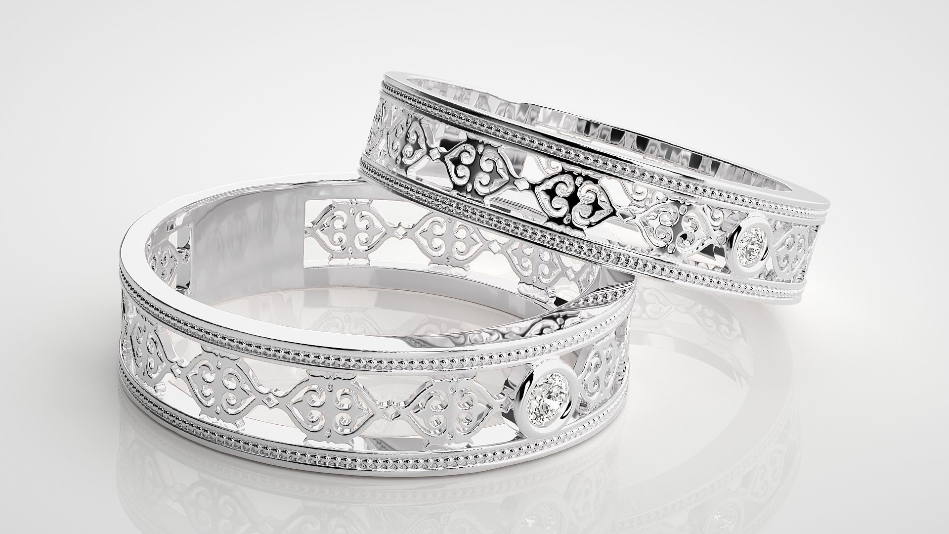 Solitaire Mesh Couple Band Ring 3dm stl render detail 3D print model_5