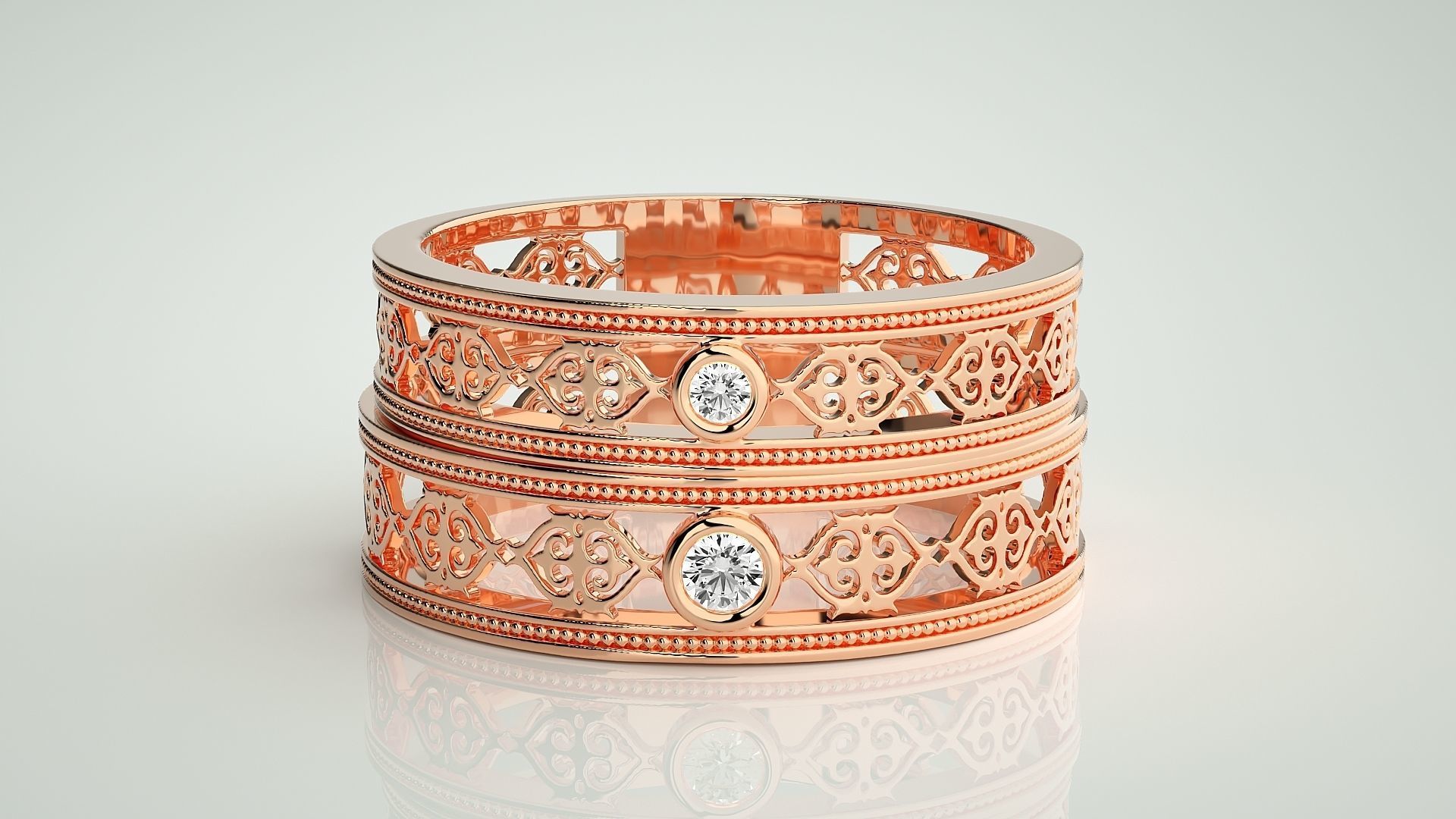 Solitaire Mesh Couple Band Ring 3dm stl render detail 3D print model_2