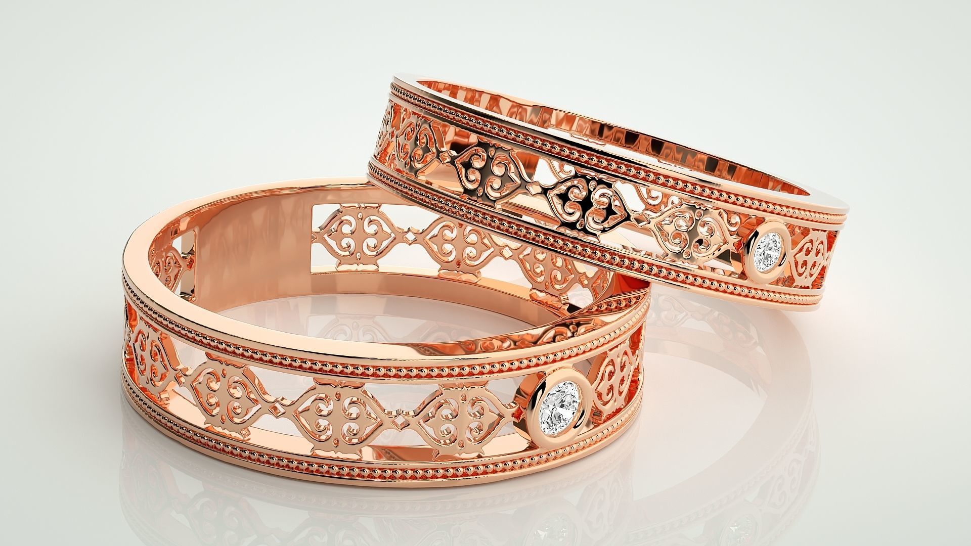 Solitaire Mesh Couple Band Ring 3dm stl render detail 3D print model_1