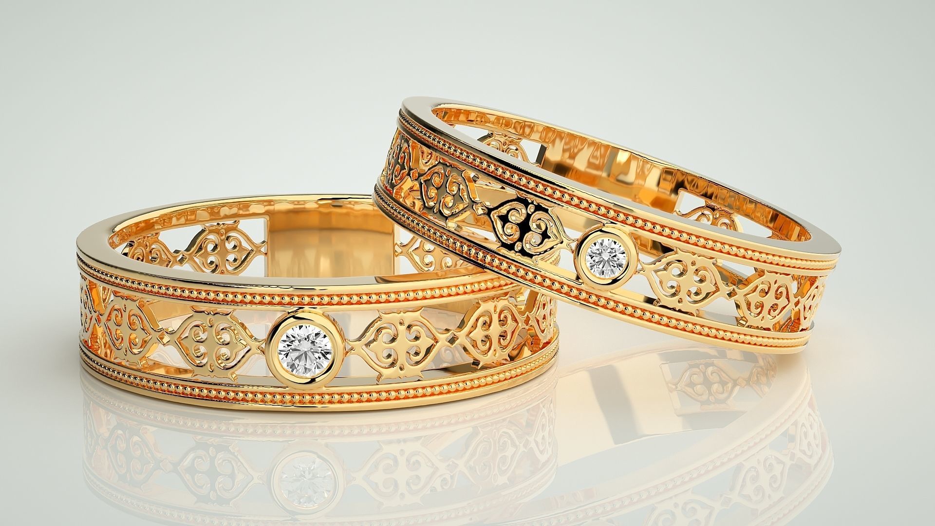 Solitaire Mesh Couple Band Ring 3dm stl render detail 3D print model_8