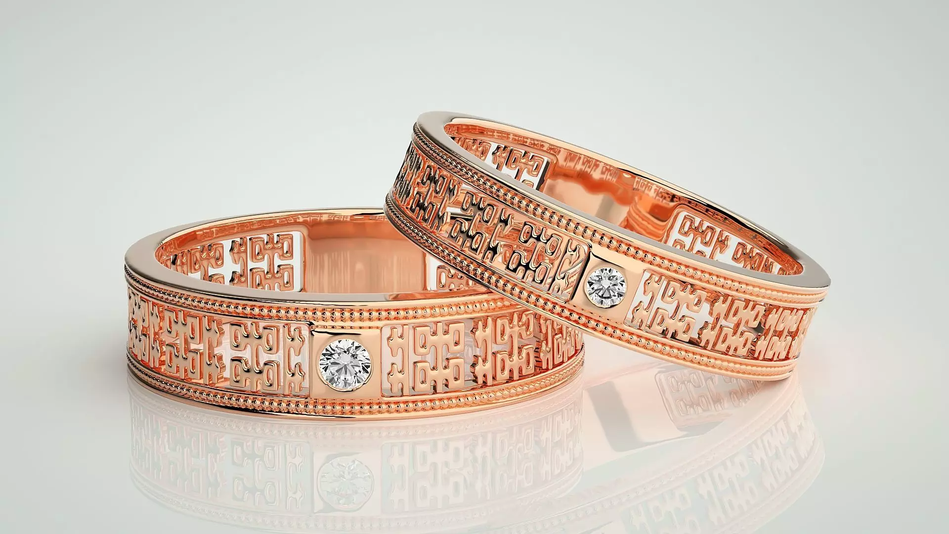 Solitaire Mesh Couple Band Ring 3dm stl render detail 3D print model_0