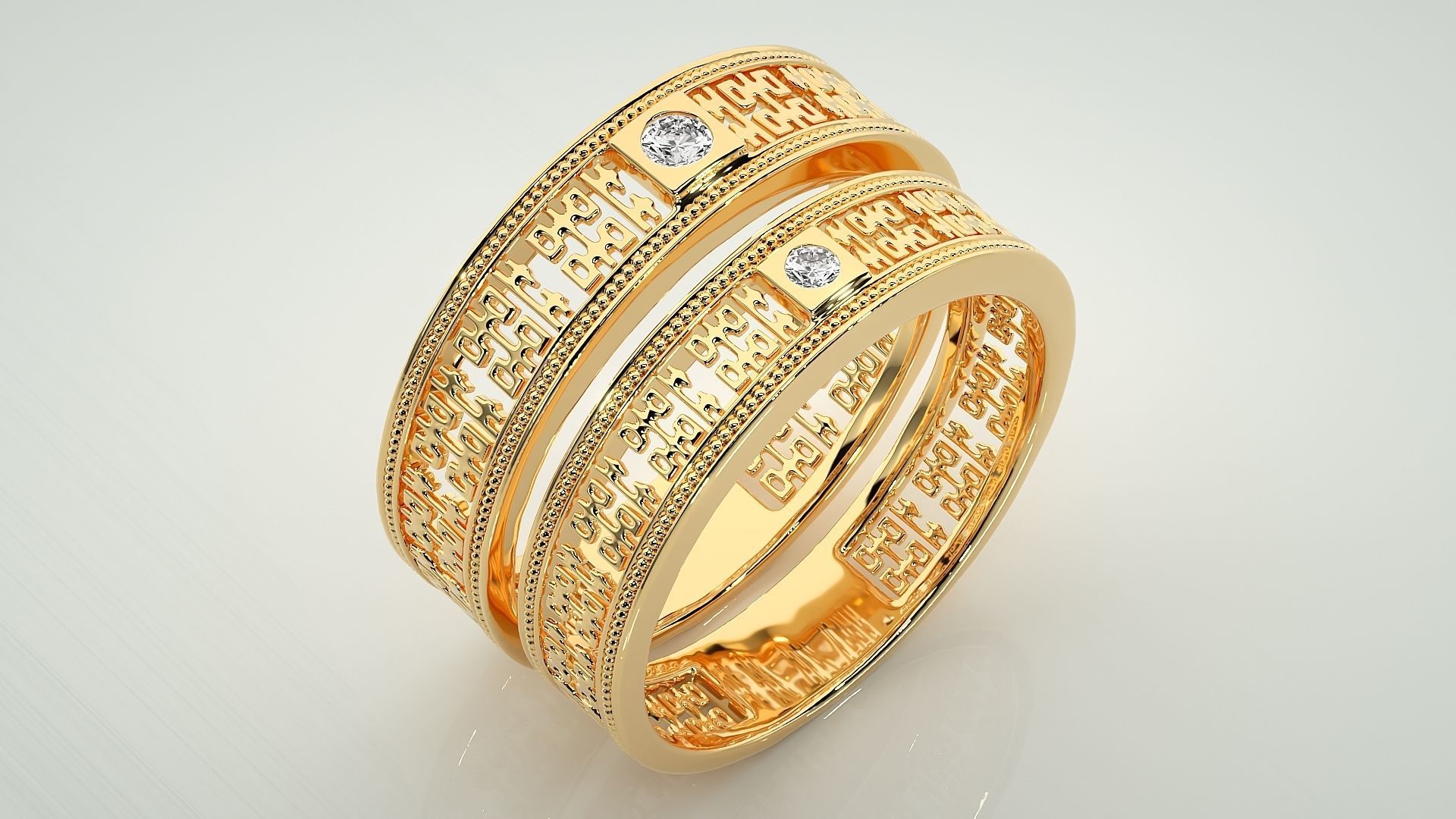 Solitaire Mesh Couple Band Ring 3dm stl render detail 3D print model_12