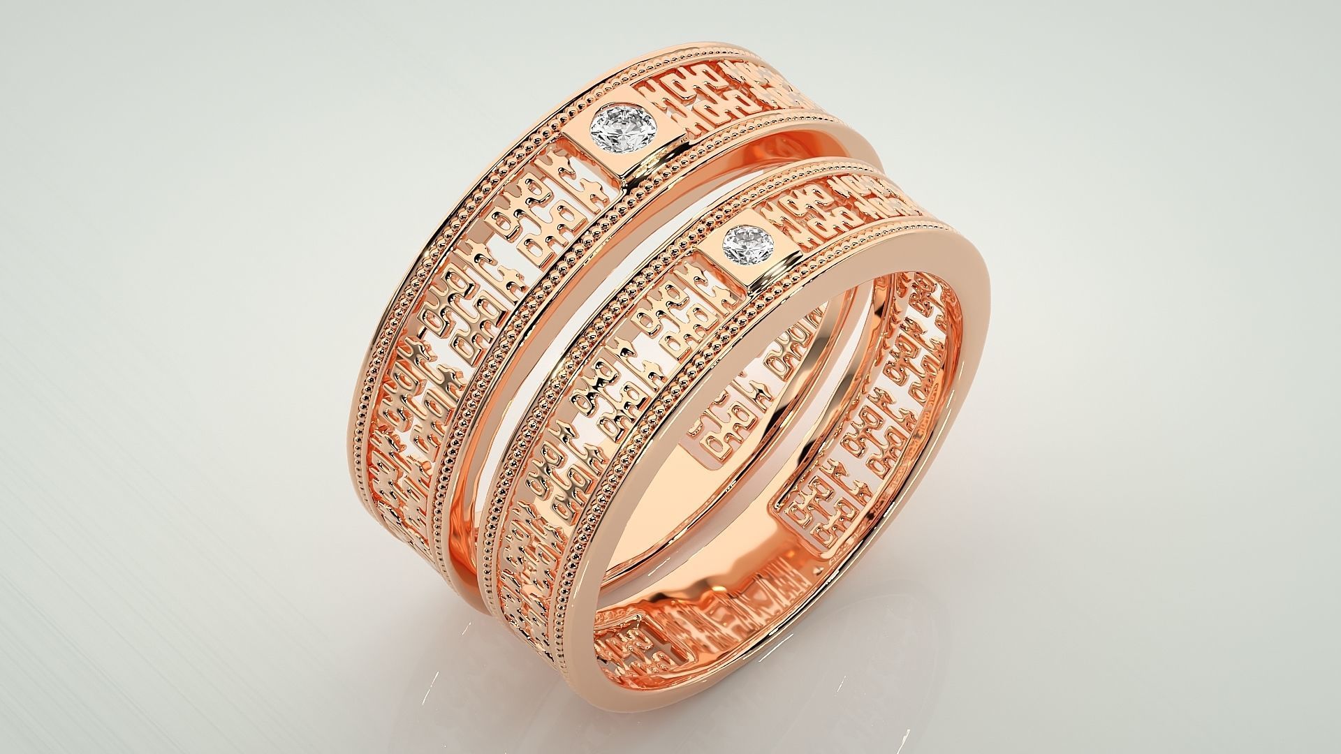 Solitaire Mesh Couple Band Ring 3dm stl render detail 3D print model_3